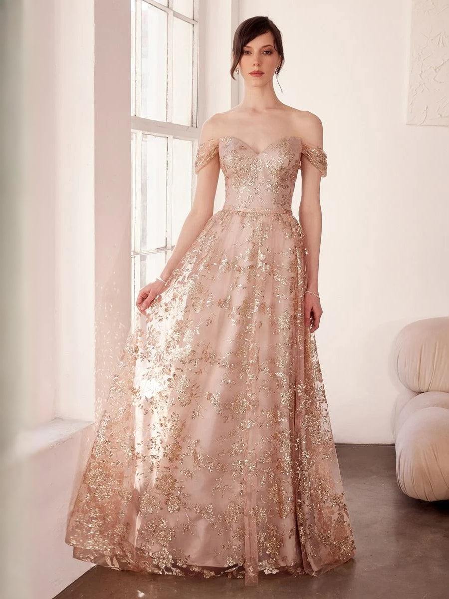 Gold floor-length prom dress, front view showing the ball-gown silhouette