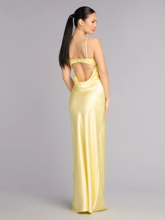 Yellow sheath floor-length formal dress with sequins, alternate view