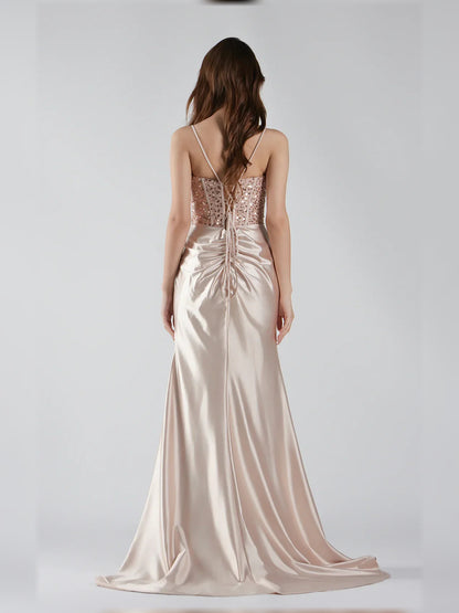Champagne mermaid floor-length formal dress with sequins, alternate view