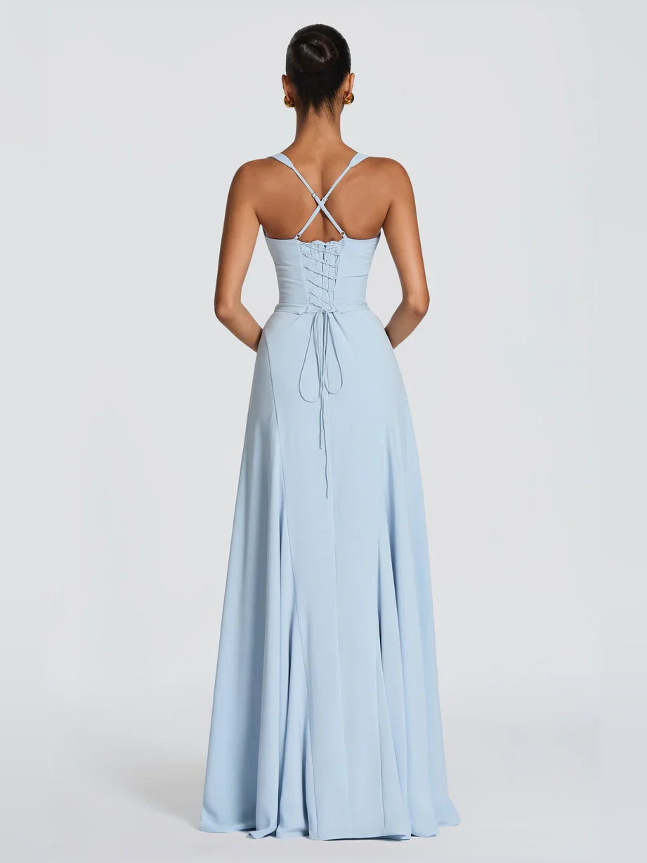 Light Blue a-line floor-length formal dress with corset-style bodice, alternate view