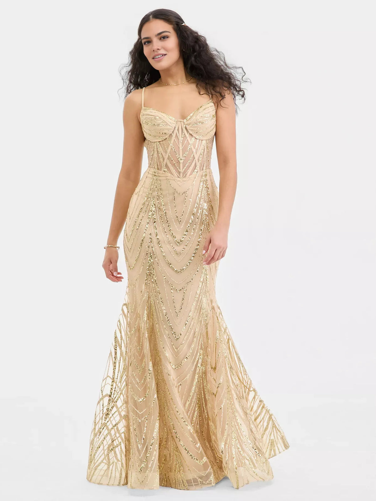 Gold maxi prom dress, alternate view showing the bodice and skirt