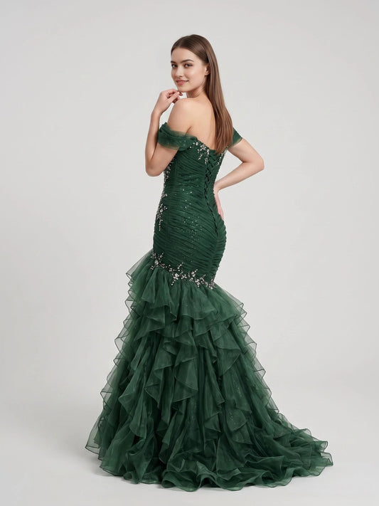Emerald Green mermaid floor-length formal dress with ruffle details, alternate view
