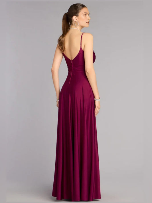 Plum floor-length prom dress, back view showing the rear of the dress