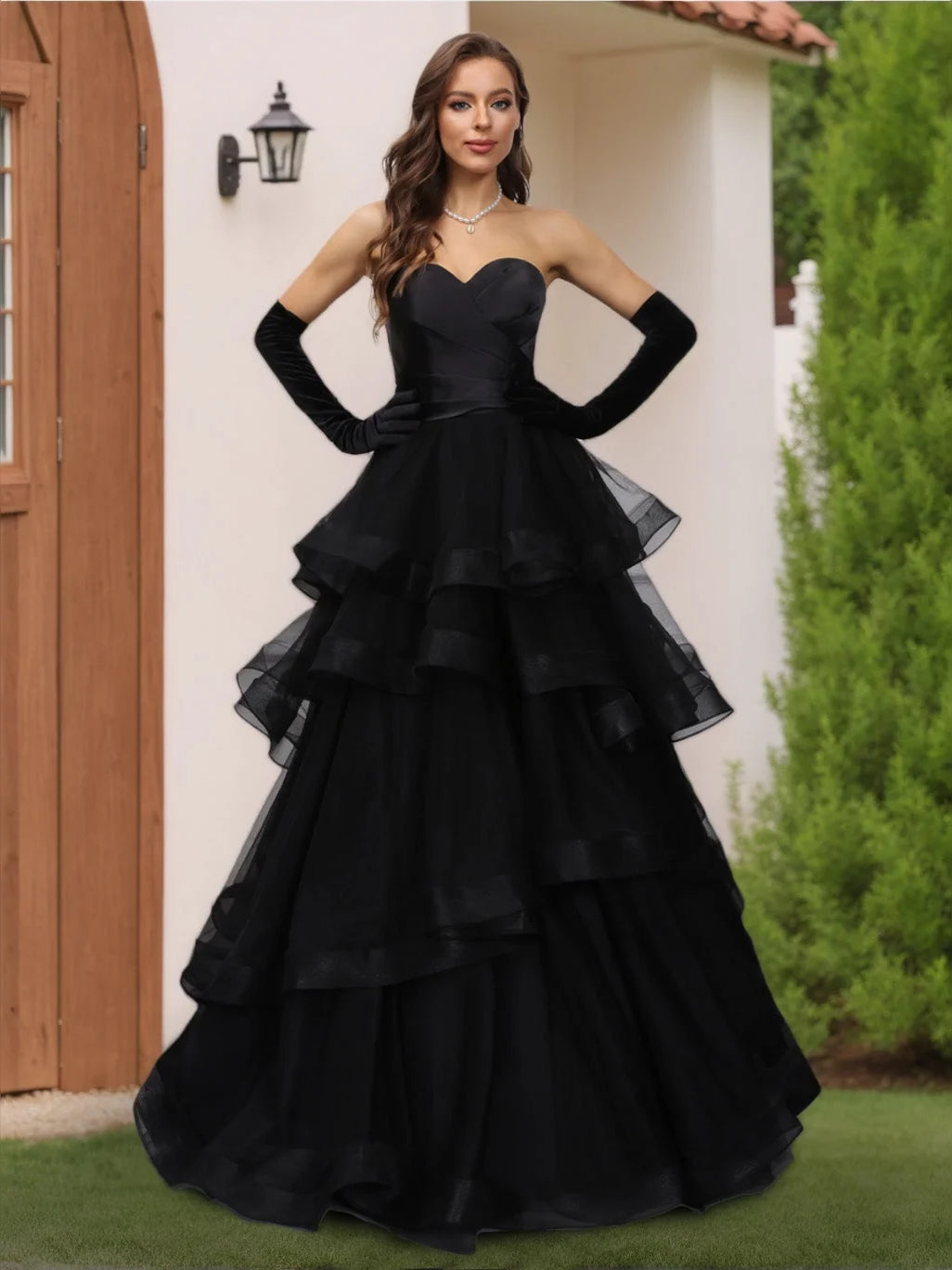 Black floor-length wedding dress, alternate view showing the bodice and skirt