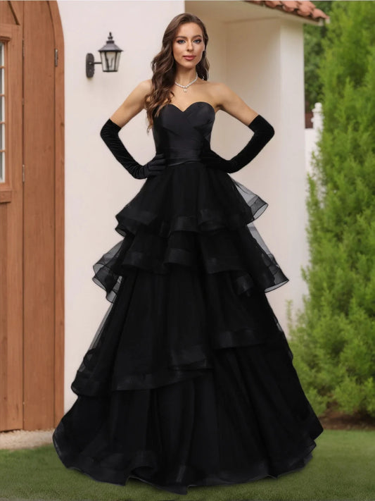 Black floor-length wedding dress, alternate view showing the bodice and skirt