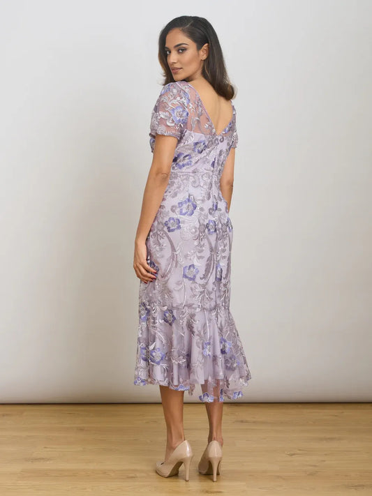 Lavender midi mother of the bride dress, alternate view showing the bodice and skirt
