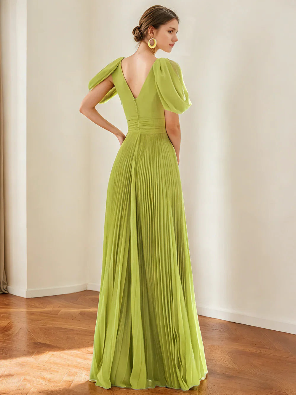 Olive Green a-line floor-length formal dress with bow detail, alternate view