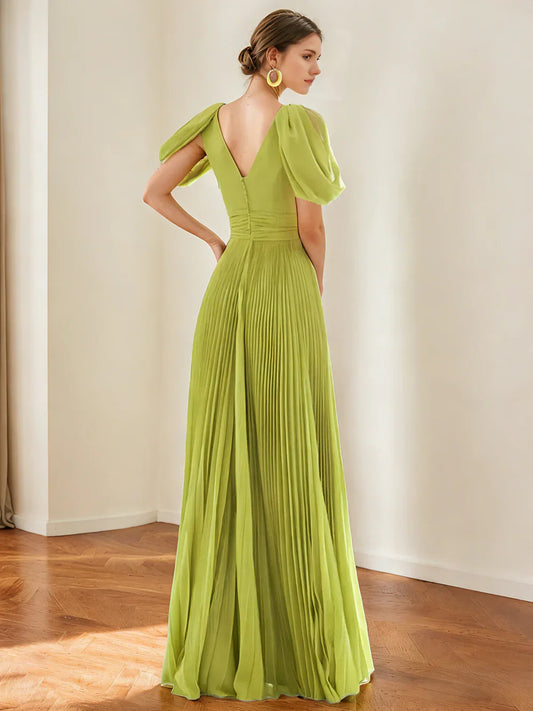 Olive Green a-line floor-length formal dress with bow detail, alternate view