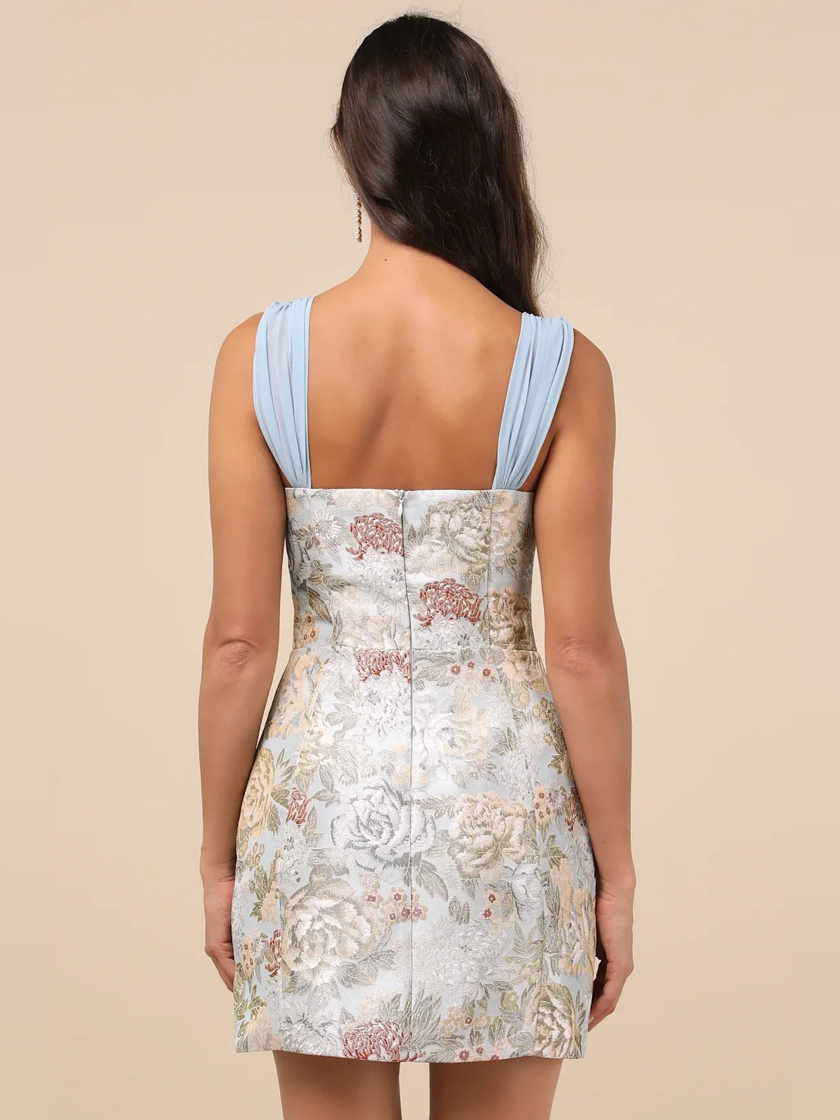 Baby Blue mini homecoming dress, back view showing the rear of the dress