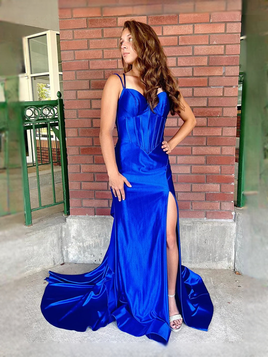 Royal Blue maxi prom dress, alternate view showing the bodice and skirt
