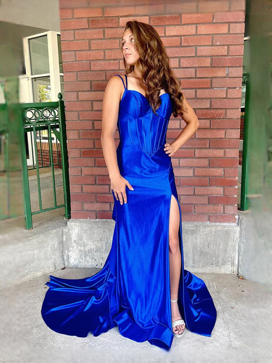 Royal Blue maxi prom dress, alternate view showing the bodice and skirt