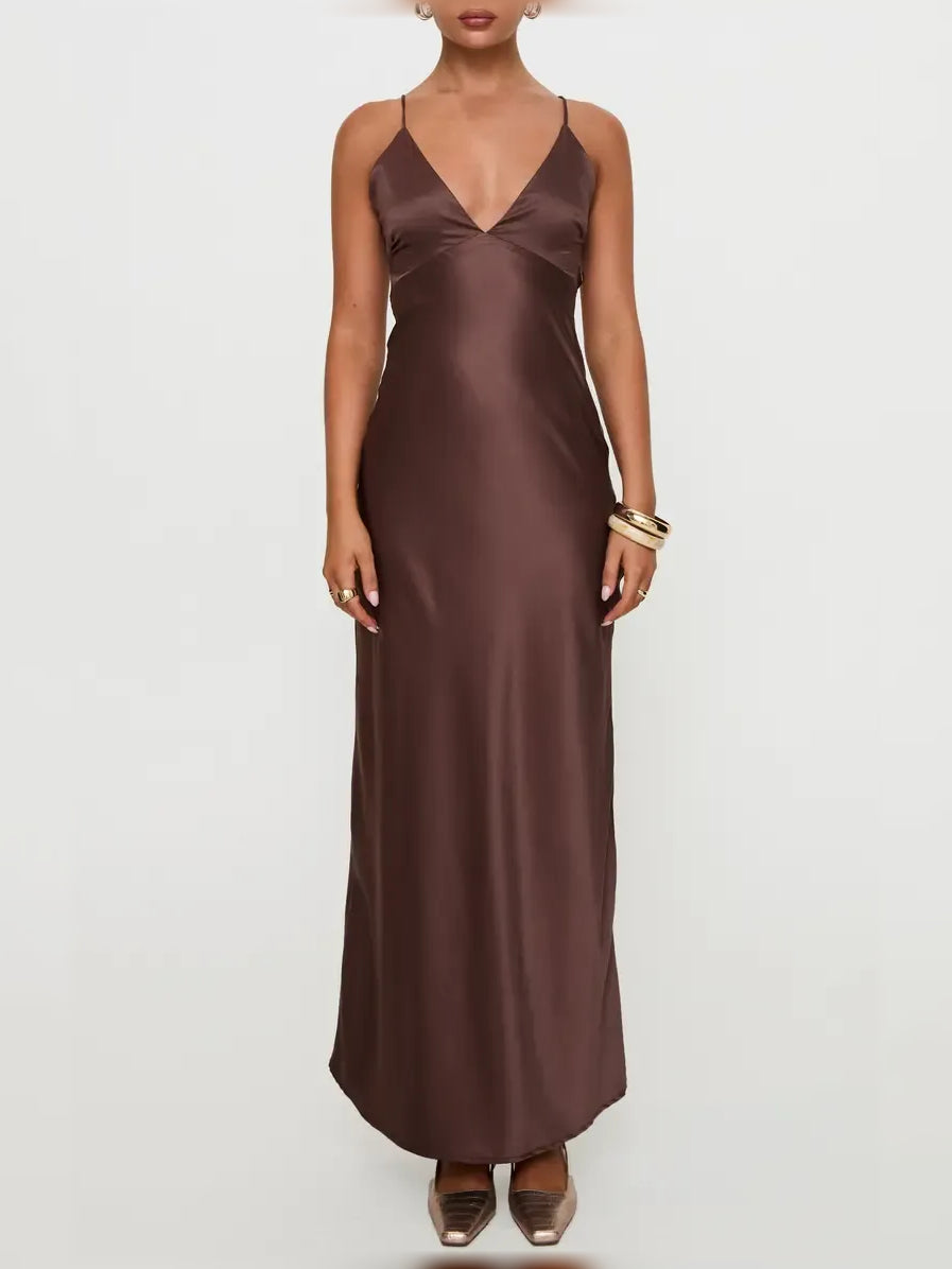 Chocolate floor-length formal dress with draping, alternate view