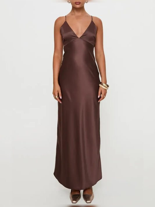 Chocolate floor-length formal dress with draping, alternate view