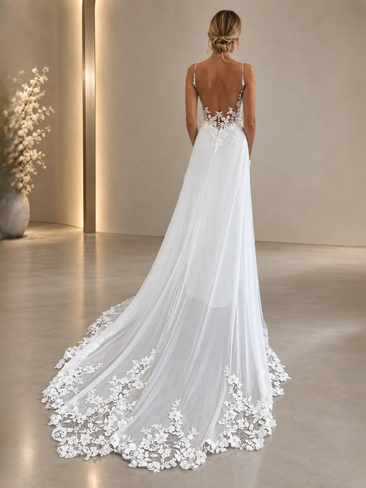 White floor-length wedding dress, alternate view showing the bodice and skirt