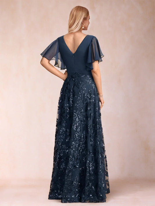 Dark Blue floor-length mother of the bride dress, alternate view showing the bodice and skirt