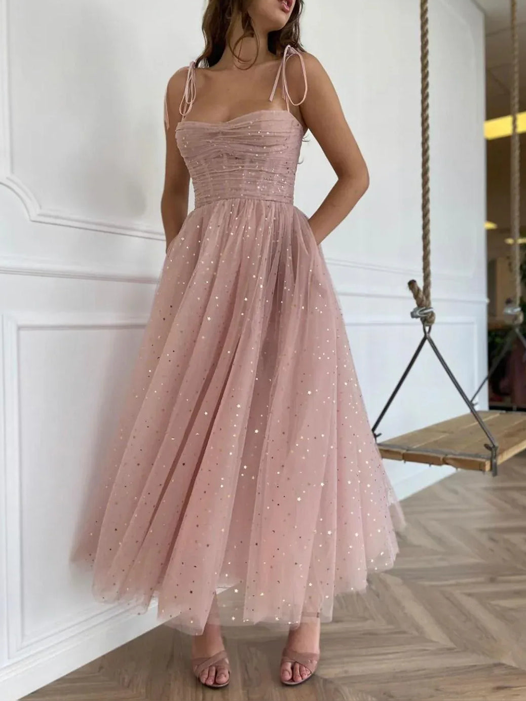 Dusty Pink midi prom dress, alternate view showing the bodice and skirt