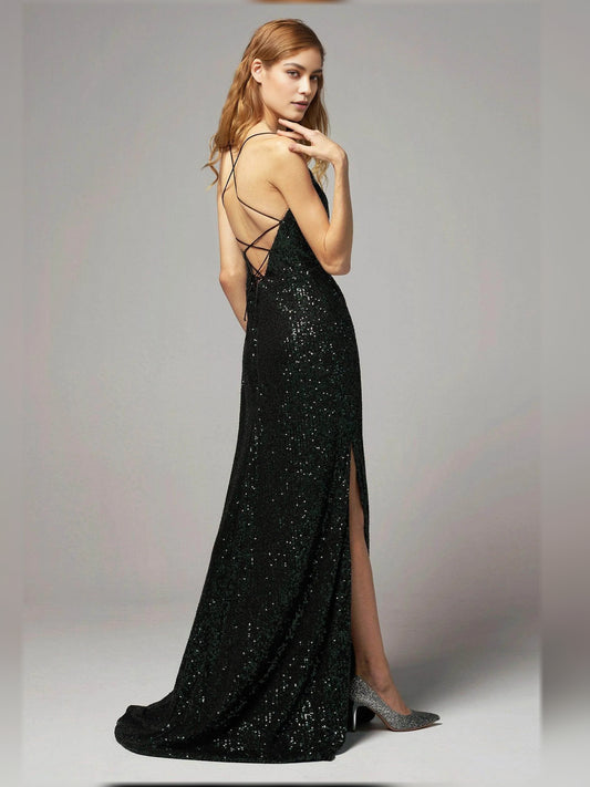 Dark Green sheath floor-length formal dress with sequins, alternate view