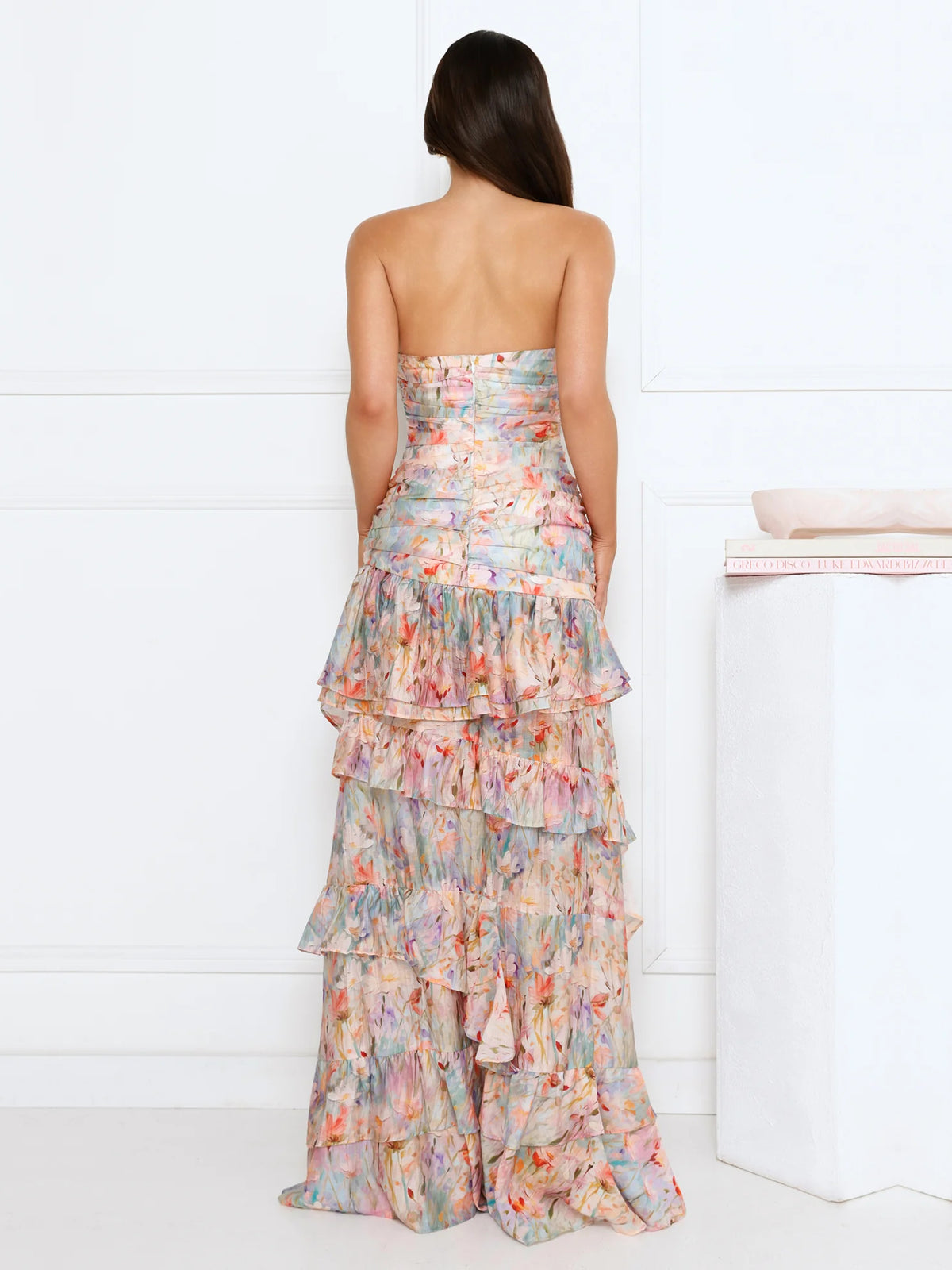 Print a-line maxi formal dress with floral print, full-length back view