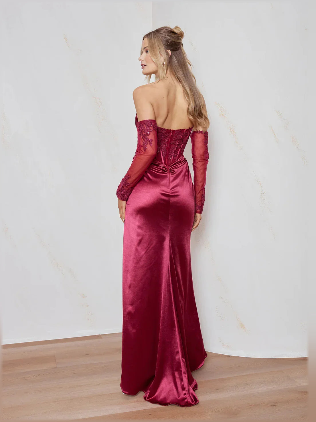 Cherry sheath floor-length formal dress with skirt slit, alternate view
