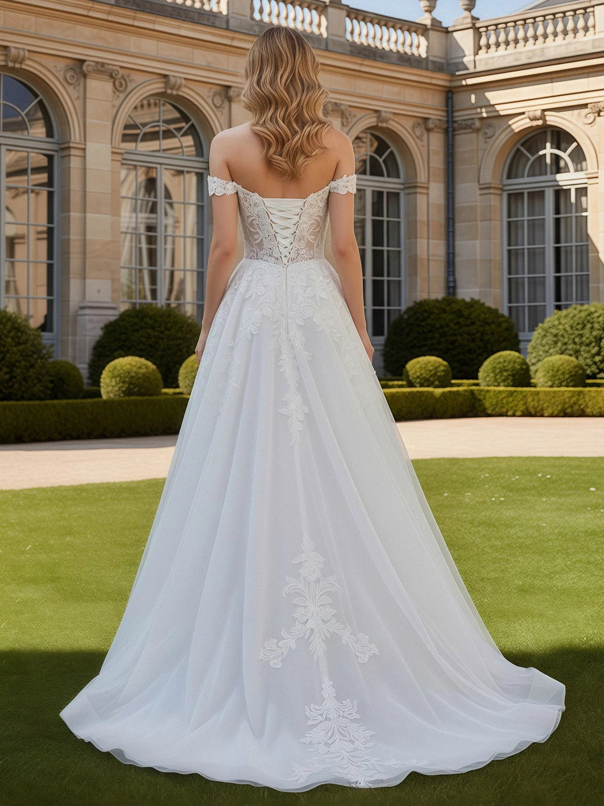 Ivory floor-length wedding dress, alternate view showing the bodice and skirt