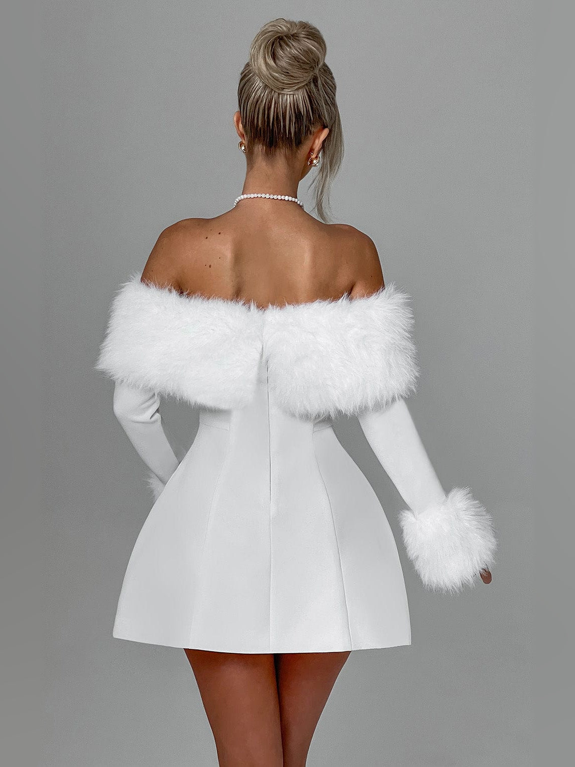Ivory mini homecoming dress, alternate view showing the bodice and skirt