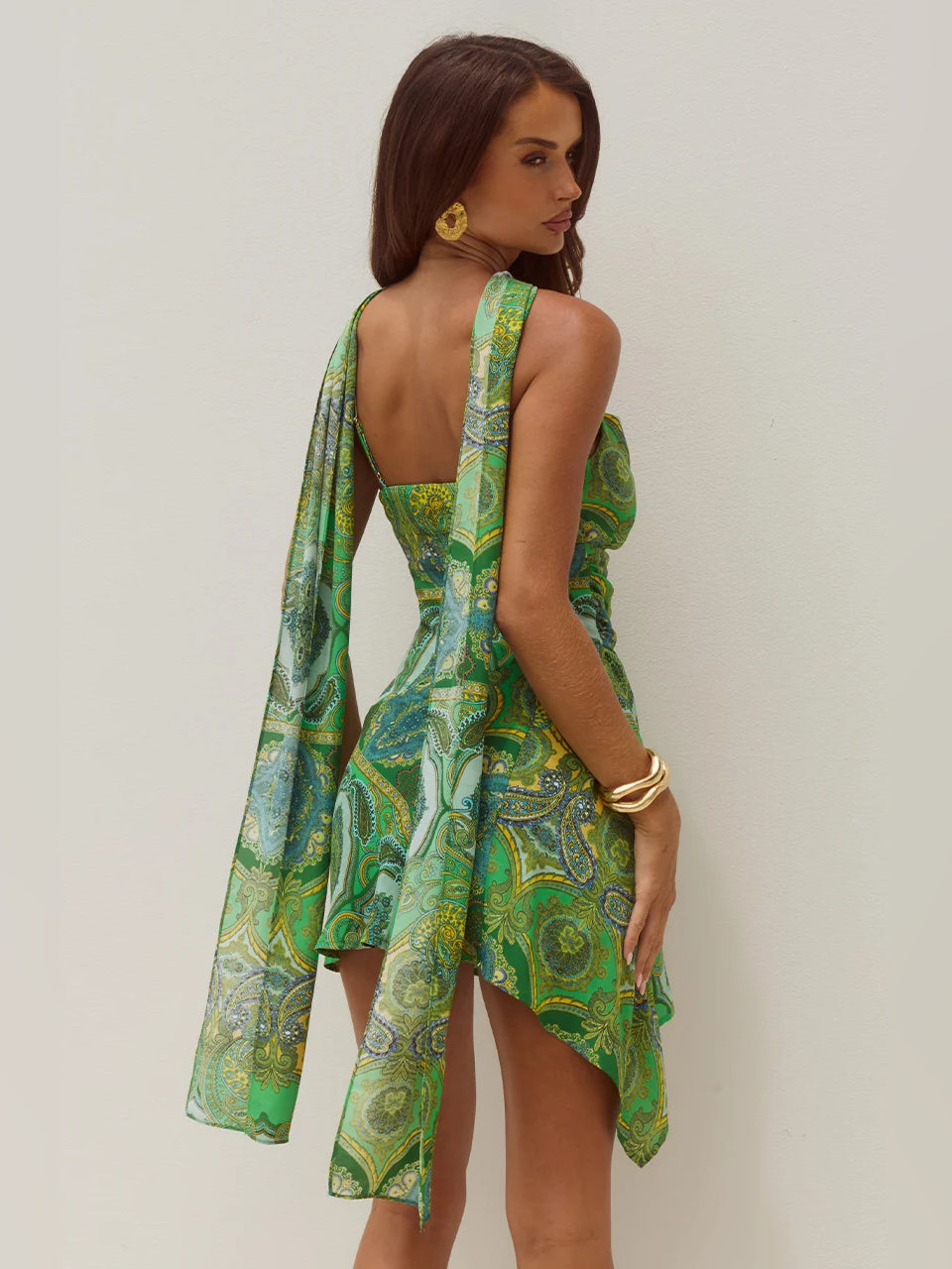 GREEN mini homecoming dress, alternate view showing the bodice and skirt