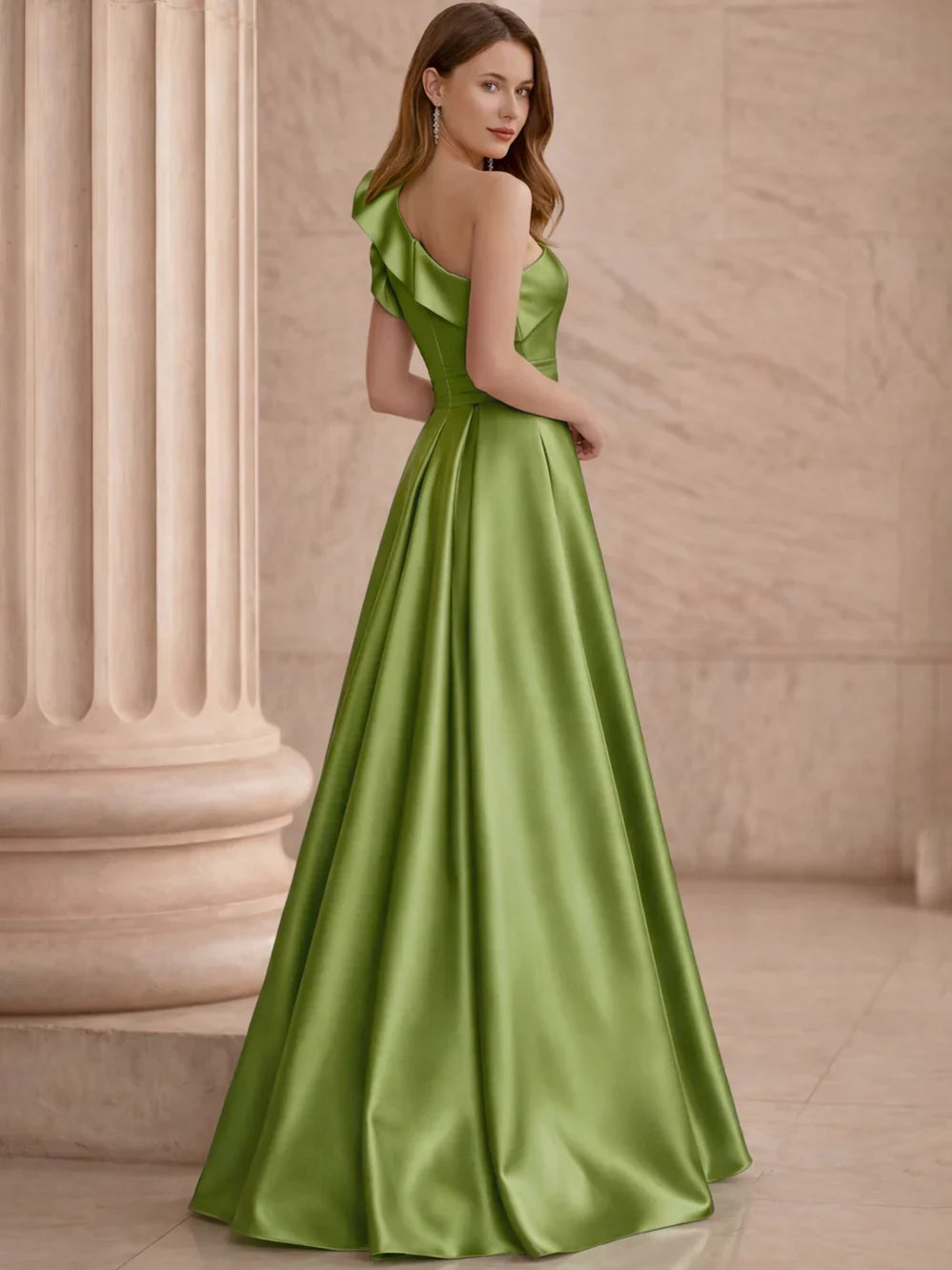 Olive Green a-line floor-length formal dress with corset-style bodice, alternate view