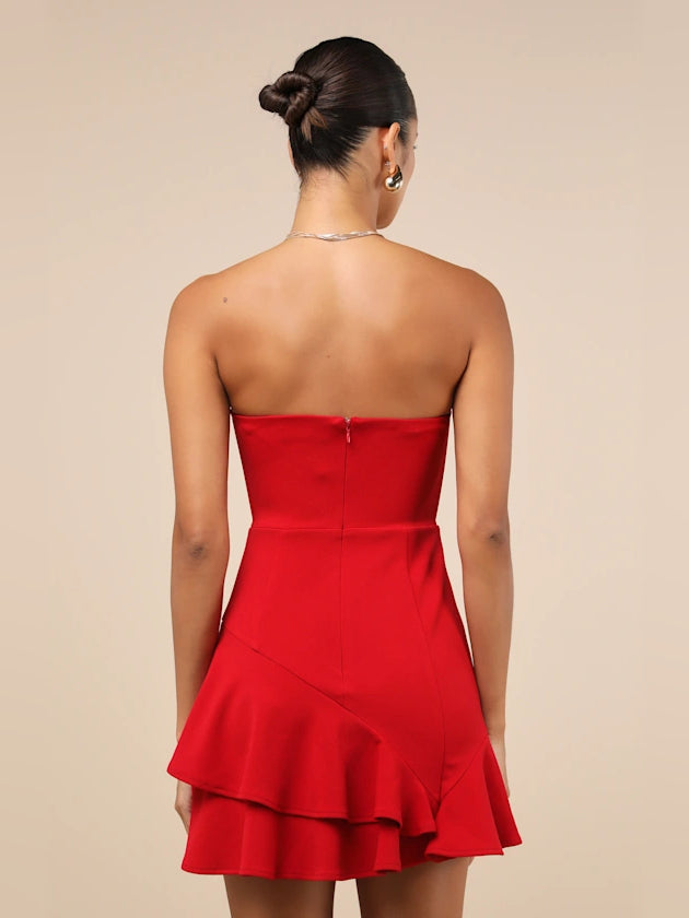 Red mini homecoming dress, alternate view showing the bodice and skirt