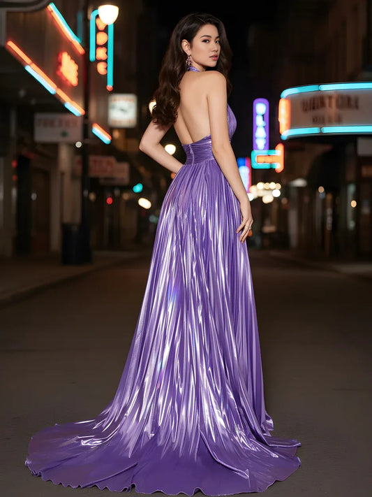 Purple a-line floor-length formal dress with skirt slit, alternate view