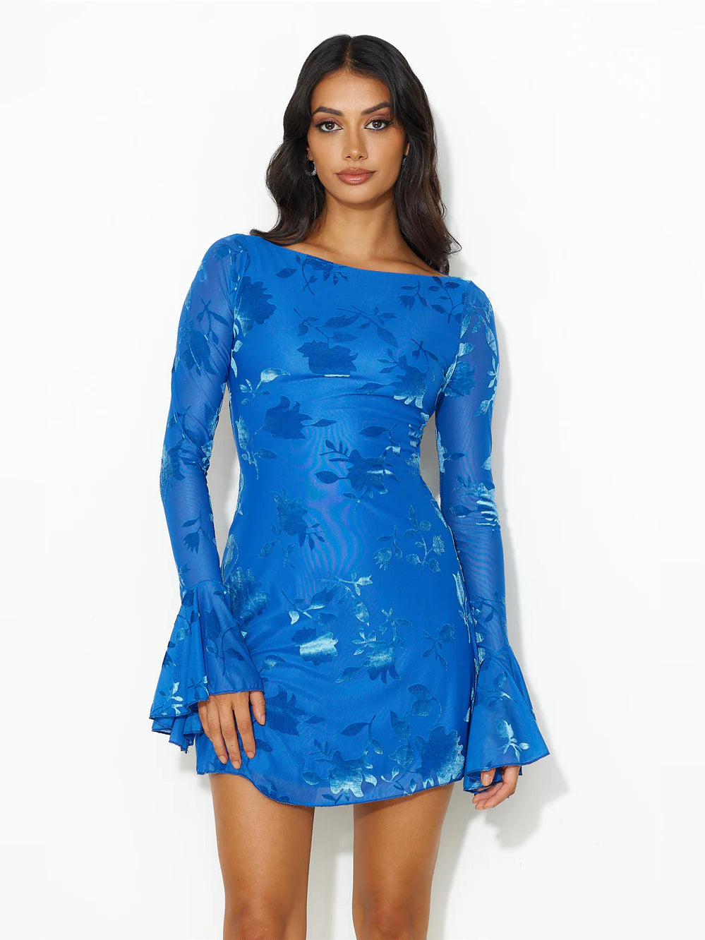 Blue mini homecoming dress, alternate view showing the bodice and skirt