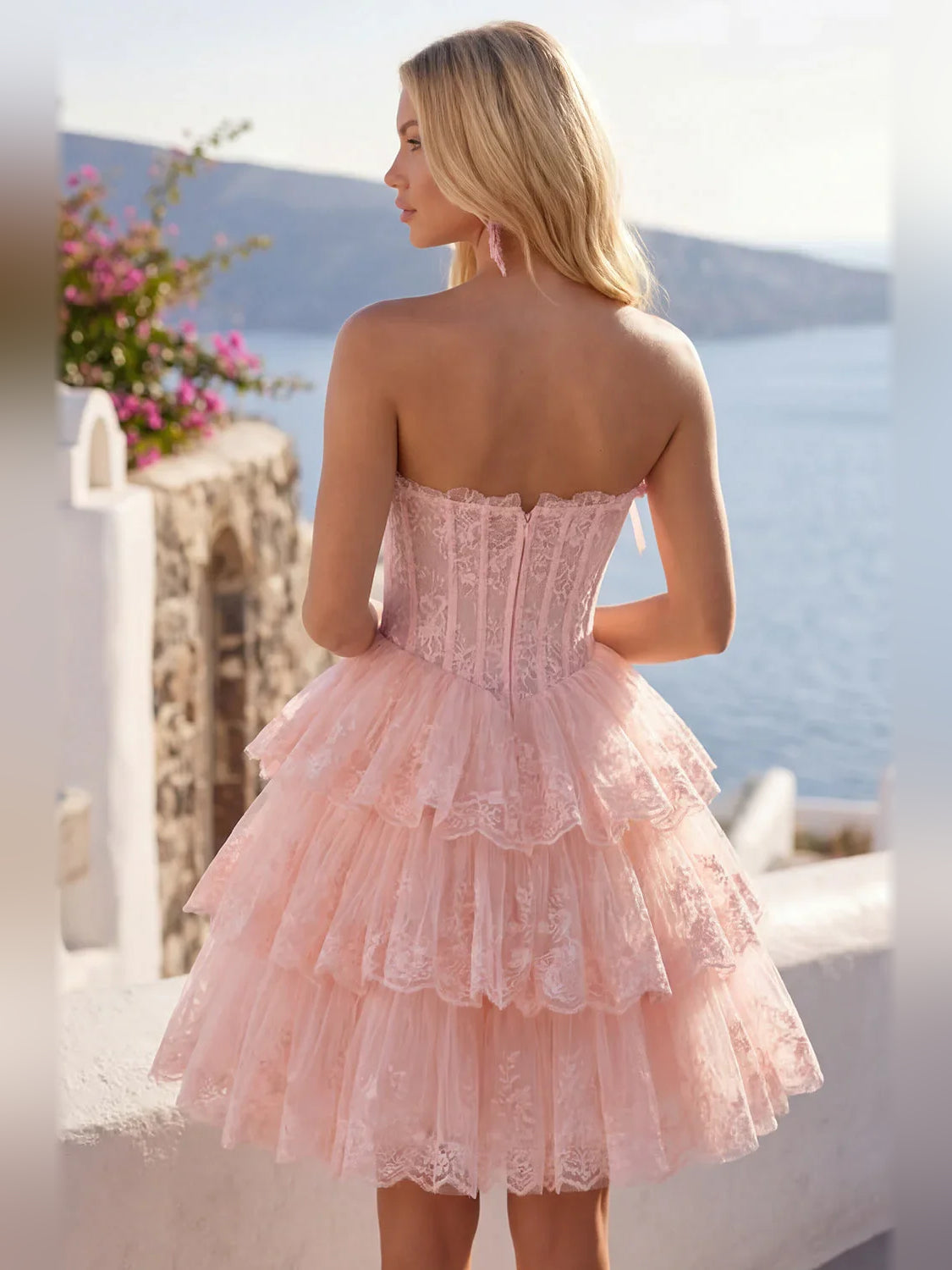 Light Pink mini homecoming dress, back view showing the rear of the dress