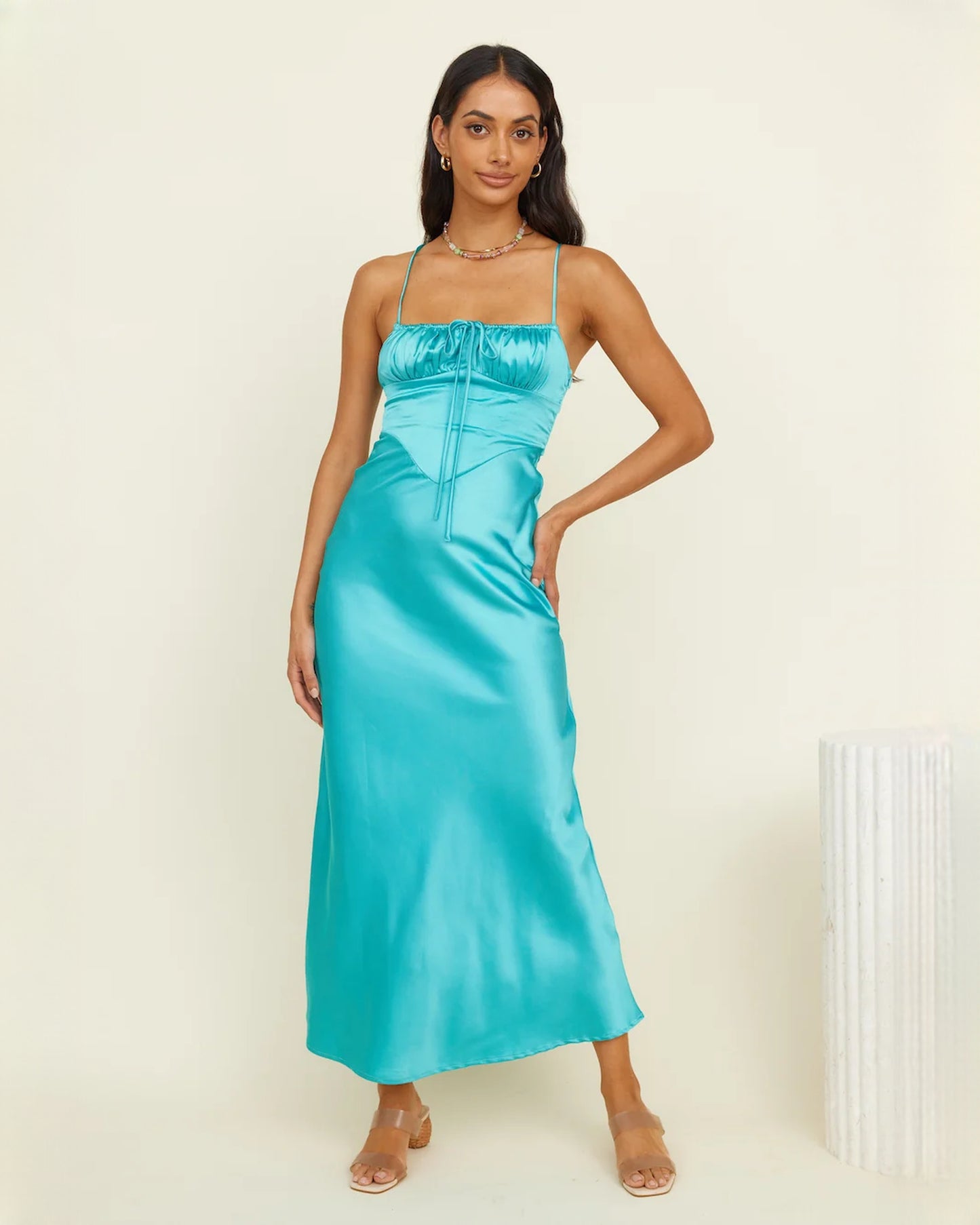 sleeveless satin a-line maxi bridesmaid dress - image 2