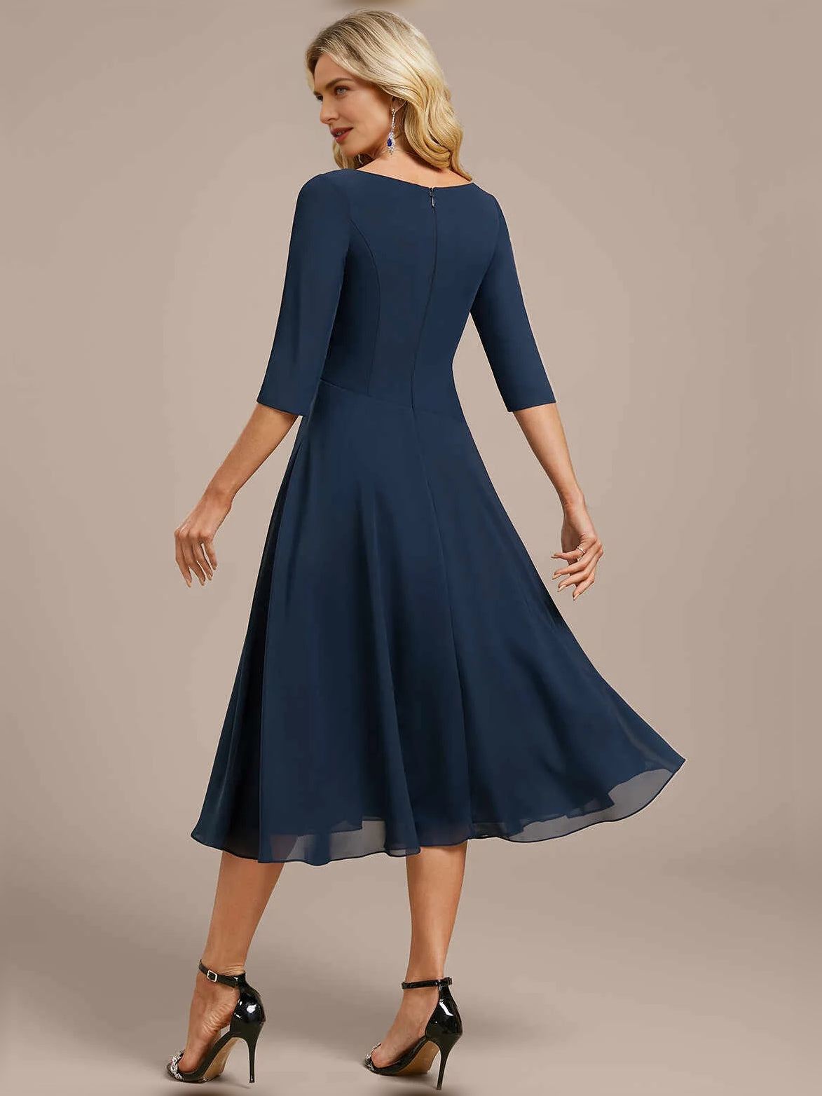 Dark Navy knee-length mother of the bride dress, alternate view showing the bodice and skirt
