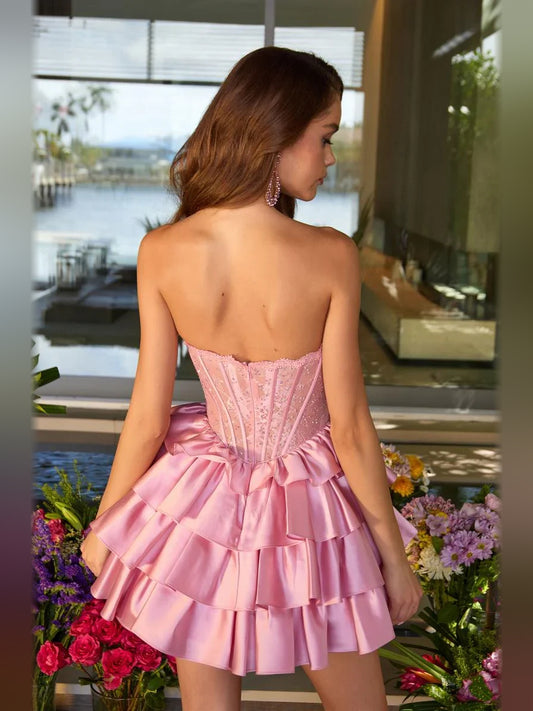 Pink mini homecoming dress, back view showing the rear of the dress