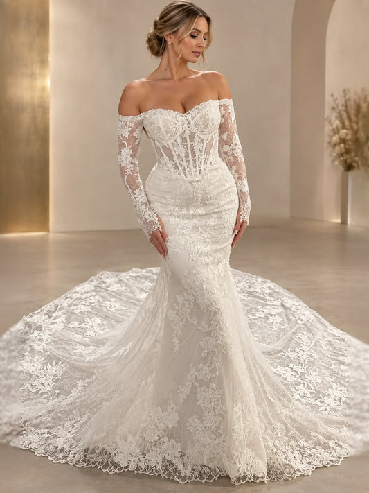 Ivory floor-length wedding dress, alternate view showing the bodice and skirt