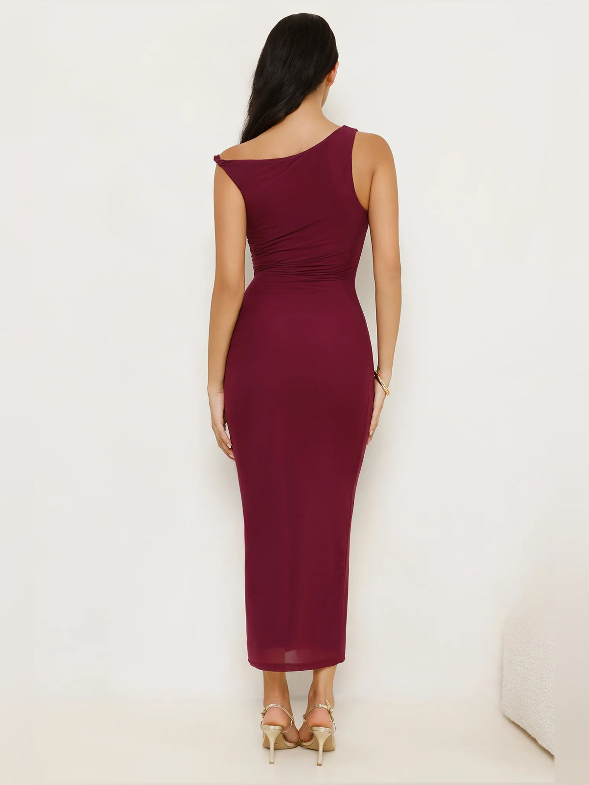 Burgundy sheath maxi formal dress with sheath, full-length back view