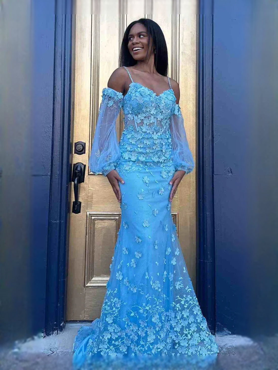 Sky Blue maxi prom dress, alternate view showing the bodice and skirt
