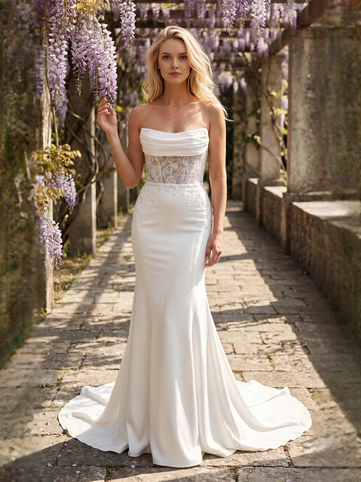 Ivory floor-length wedding dress, alternate view showing the bodice and skirt