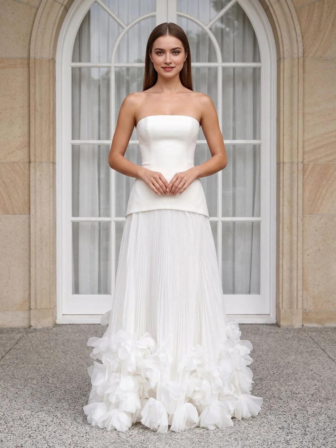 Ivory floor-length wedding dress, alternate view showing the bodice and skirt
