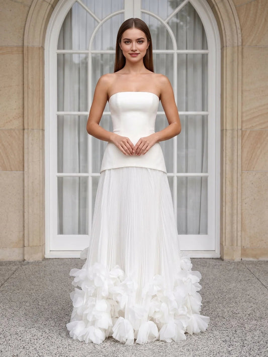 Ivory floor-length wedding dress, alternate view showing the bodice and skirt