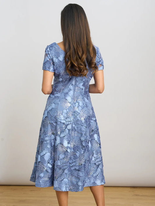 Dusty Blue midi mother of the bride dress, alternate view showing the bodice and skirt