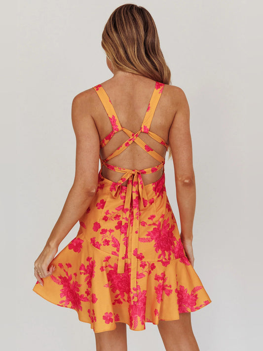 Orange mini homecoming dress, alternate view showing the bodice and skirt