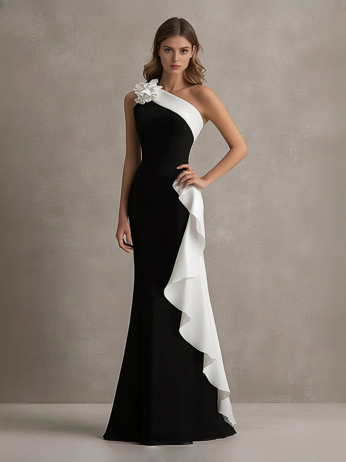 Black & White floor-length prom dress, alternate view showing the bodice and skirt