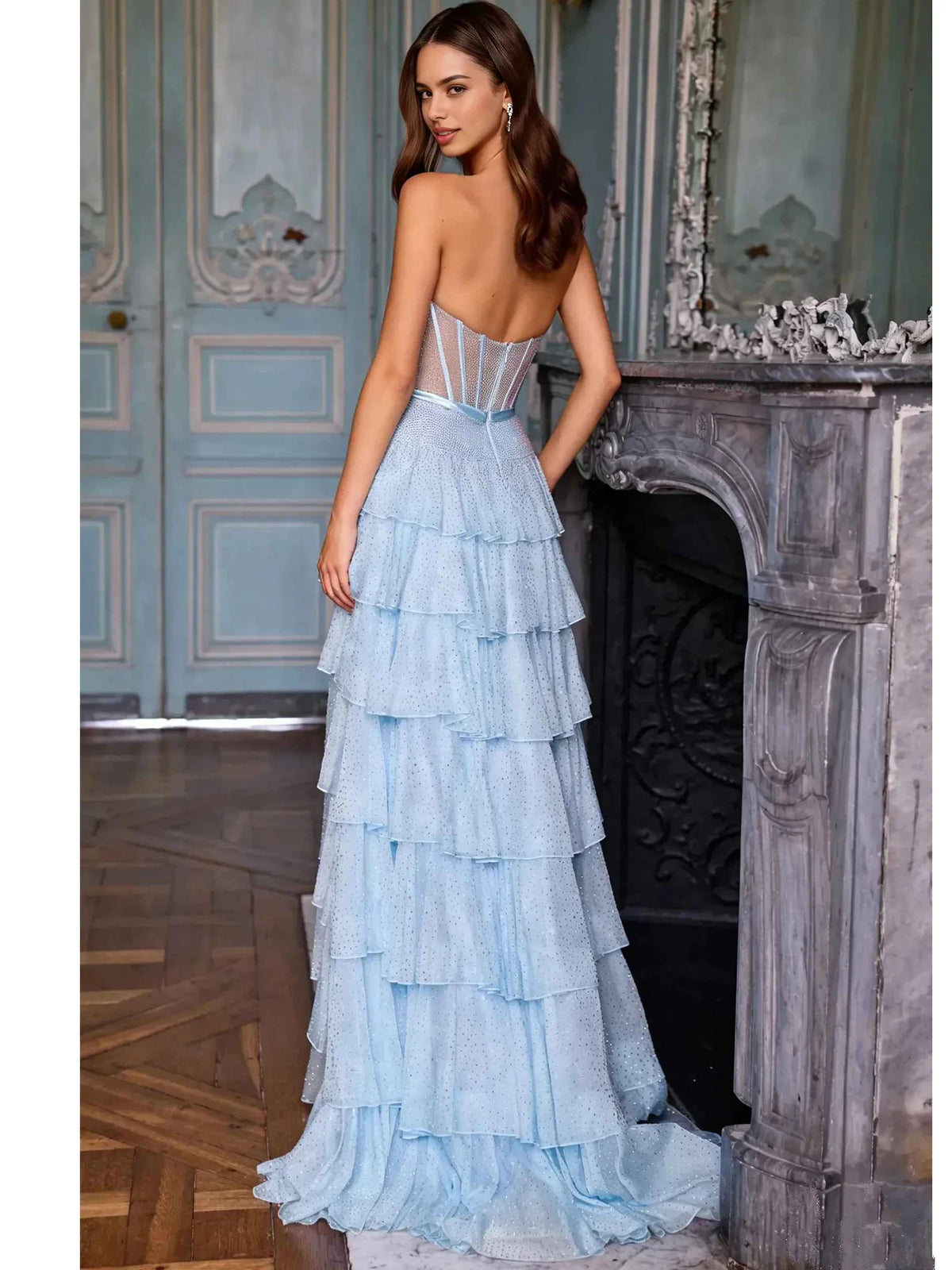 Light Blue a-line floor-length formal dress with ruffle details, alternate view
