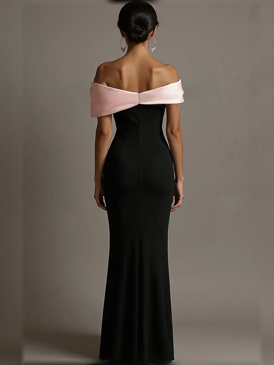 Black a-line floor-length formal dress with corset-style bodice, alternate view