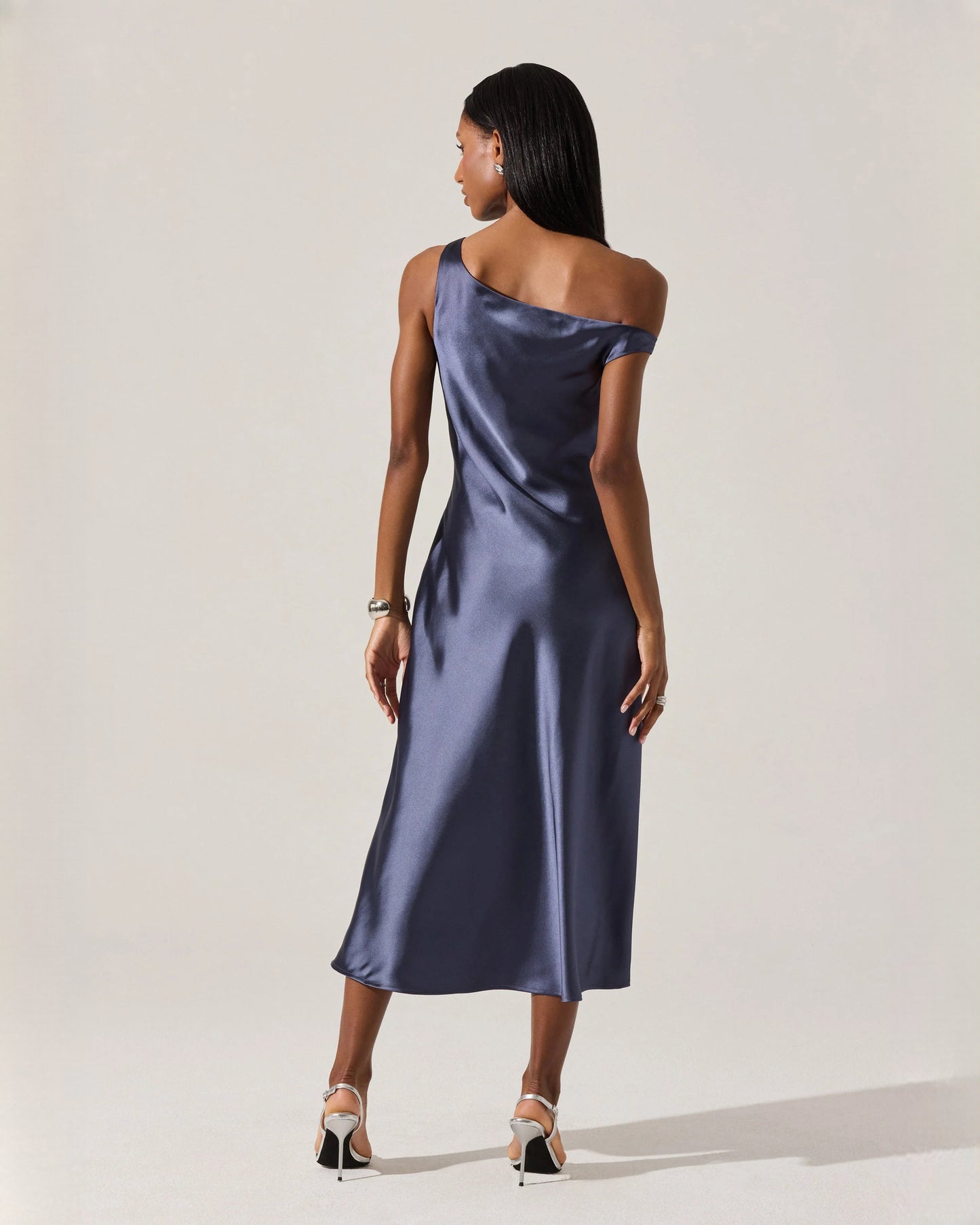 off-shoulder satin a-line midi bridesmaid dress - image 2