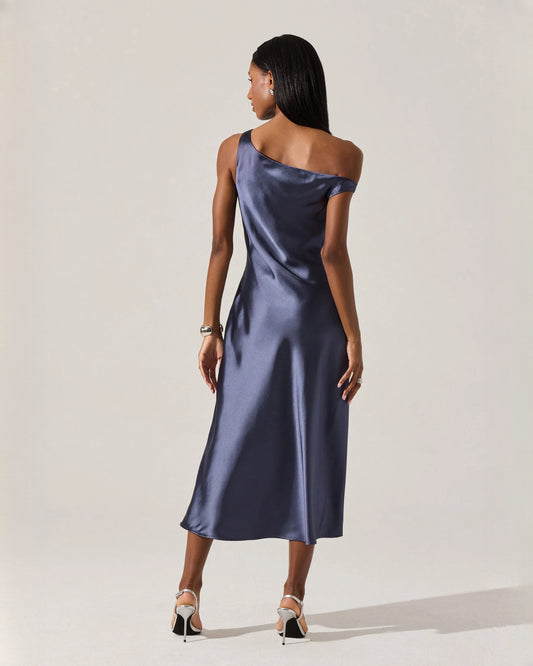 off-shoulder satin a-line midi bridesmaid dress - image 2