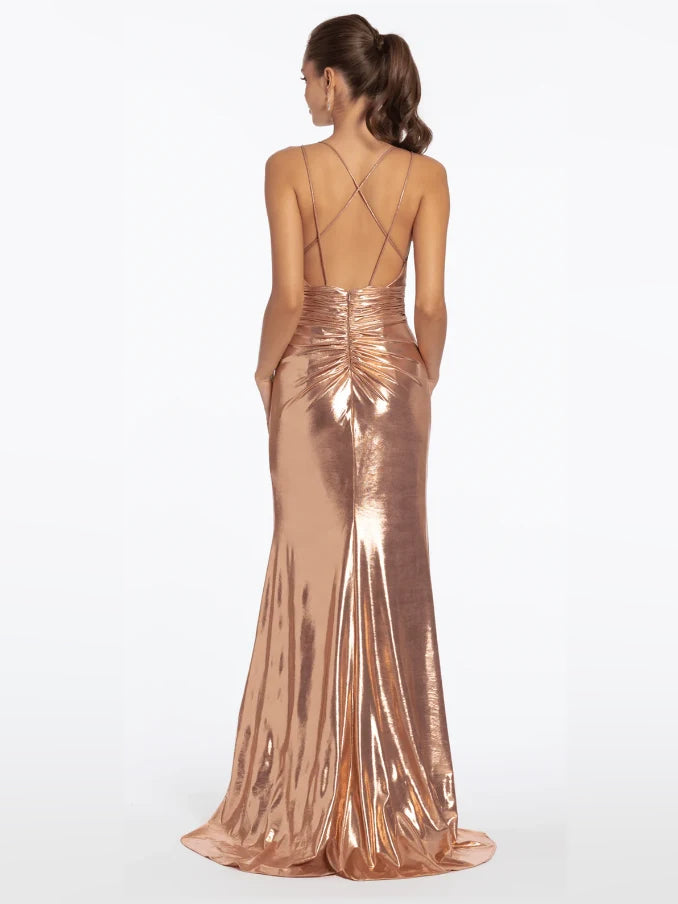 Rose Gold floor-length prom dress, back view showing the rear of the dress