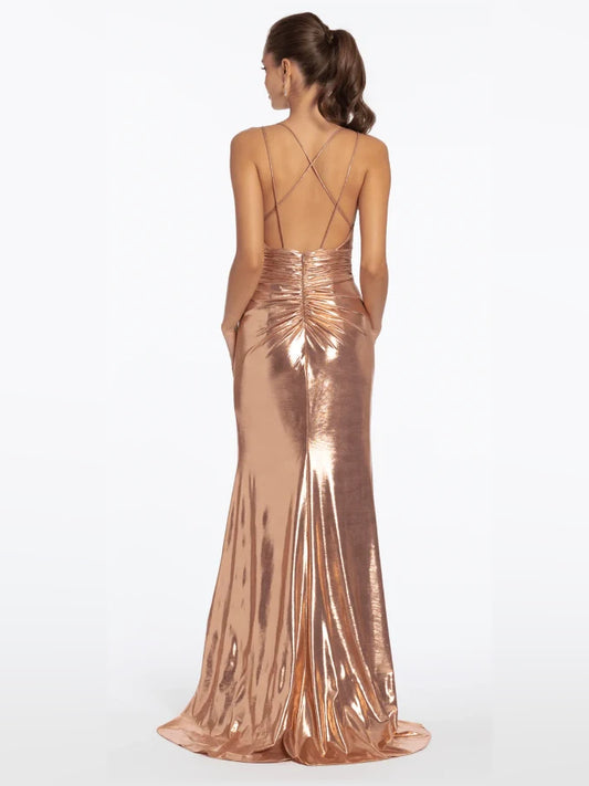 Rose Gold floor-length prom dress, back view showing the rear of the dress
