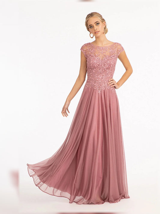 Dusty Rose floor-length mother of the bride dress, alternate view showing the bodice and skirt
